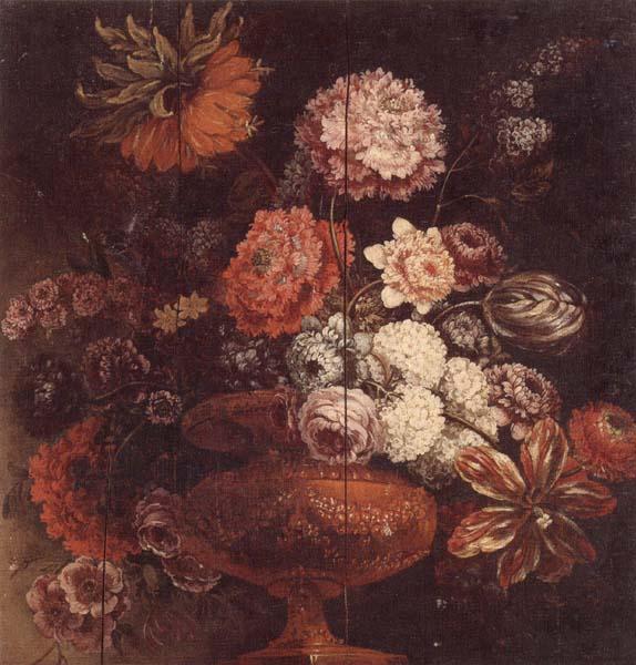 unknow artist Still life of chrysanthemums,lilies,tulips,roses and other flowers in an ormolu vase oil painting image